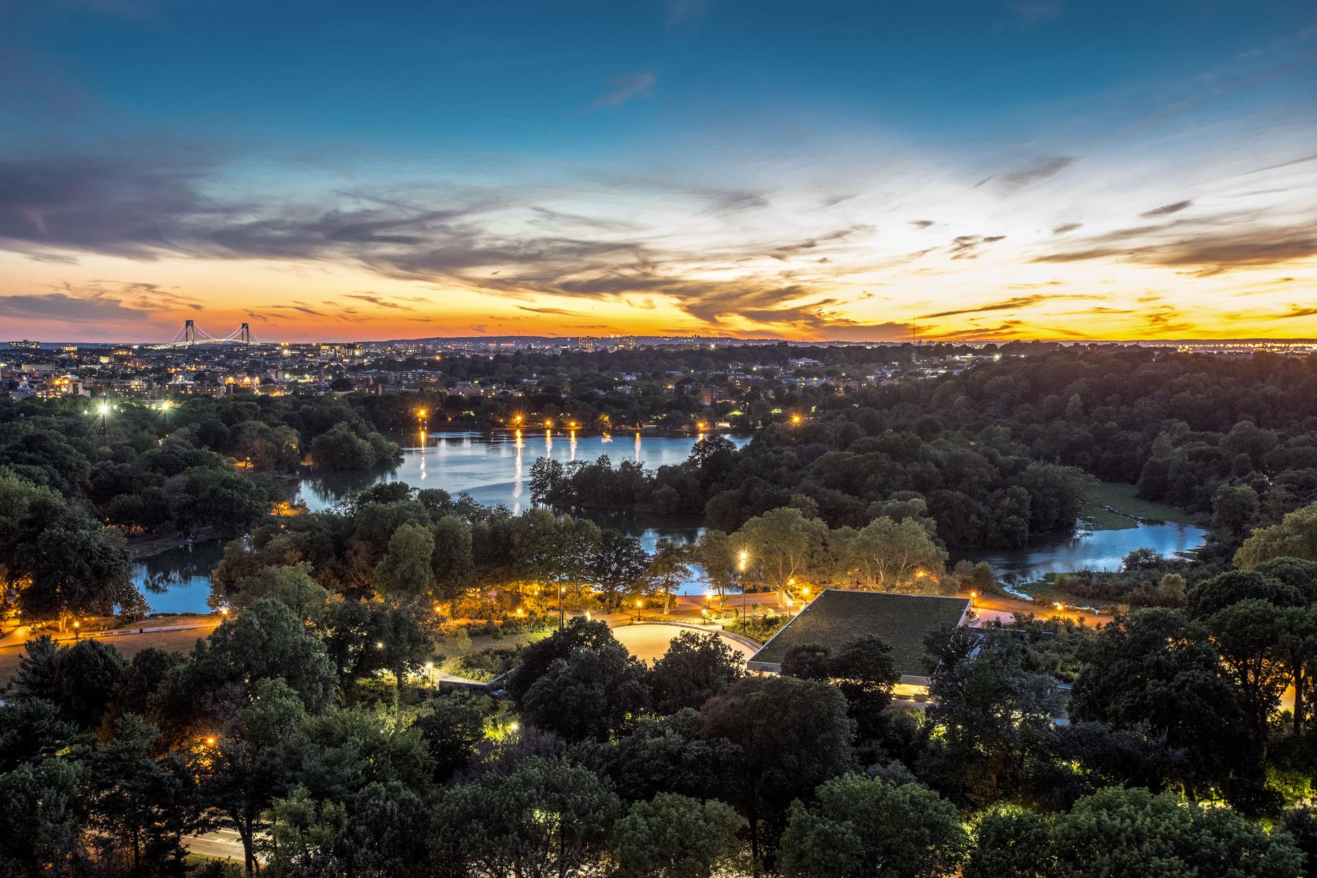 Aerial view of Prospect Park at sunset in Brooklyn 