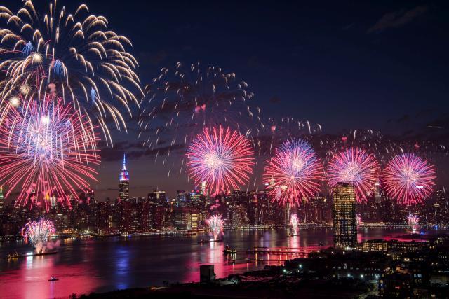 Fourth of July fireworks over Manhattan Skyline