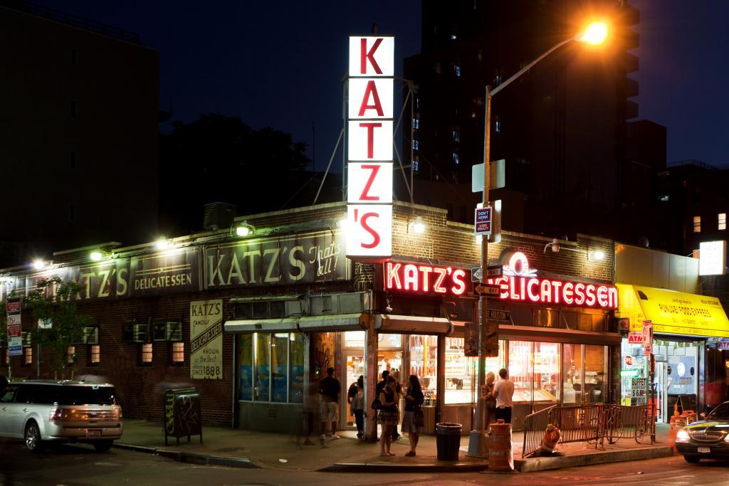 Exterior of Katz's Delicatessen at night, Lower East Side, NYC
