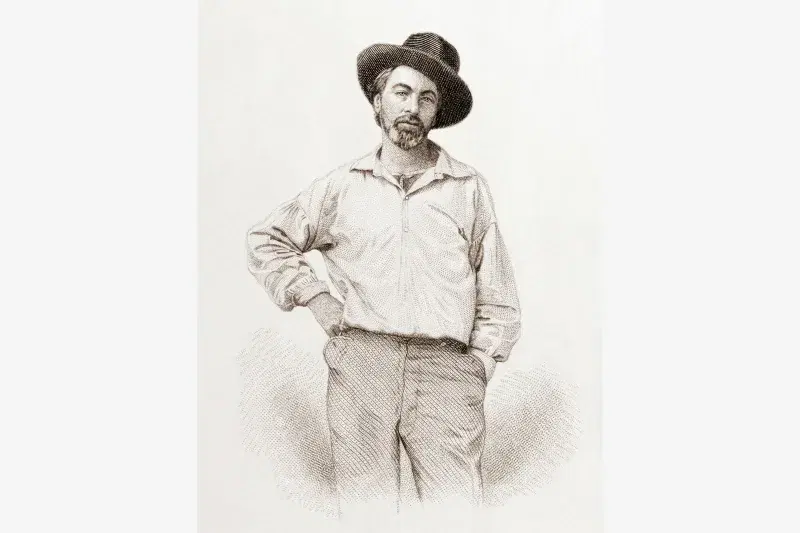 Walt Whitman in the engraved frontispiece from Leaves of Grass, by Samuel Hollyer, 1854