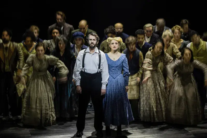 Annaleigh Ashford and Josh-Groban on stage of Sweeney Todd