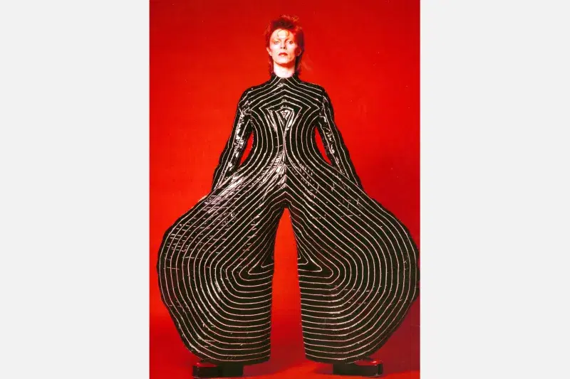 Striped bodysuit for the Aladdin Sane tour, 1973. Design by Kansai Yamamoto. Photograph by Masayoshi Sukita. © Sukita/The David Bowie Archive