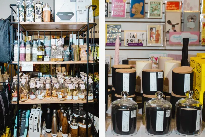 Candles, thermos, water bottles, and other decorative items at Peace & Riot