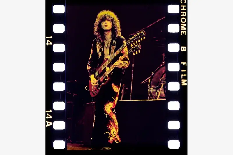 Jimmy Page. with EDS-1275 double-neck guitar. Collection of Jimmy Page. Photo: Courtesy, Kate Simon